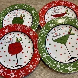 222 Fifth Let’s Get Toasty Christmas Holiday Appetizer Plates 6.25” Set 4